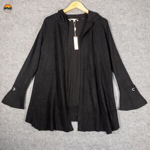NWT Pointelle Cardigan Sweater Black Long Sleeve Knit Hooded Women's Size Large
